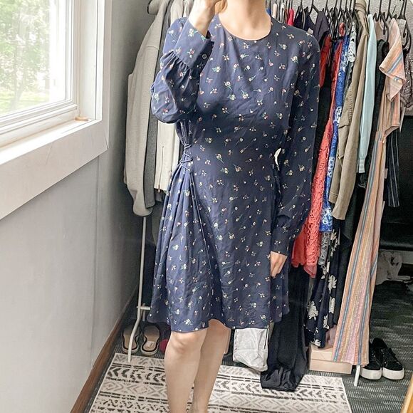 Theory Lace Up Side Floral Mini Dress Silk 8 - Picture 5 of 12
